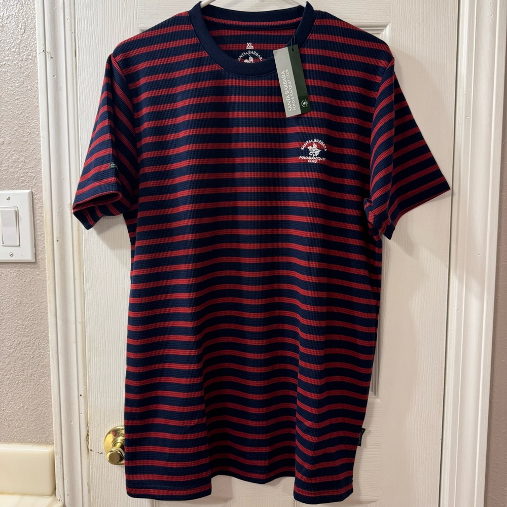 Santa Barbara Polo & Racquet Club Collared Short Shirt, Stripes Red/Blue, Large